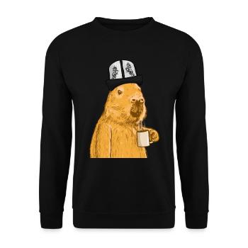 Capybara mit lustigem Hut und Kaffee - Unisex Pullover - Schwarz - Vorne - Alina (178cm) & Michal (187cm)