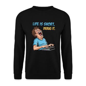 Debug Your Life: Witziges IT Programmierer Shirt - Unisex Pullover - Schwarz - Vorne - Alina (178cm) & Michal (187cm)