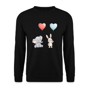 Elefant Hase Liebe Ballon Herz Cute - Unisex Pullover - Schwarz - Vorne - Alina (178cm) & Michal (187cm)