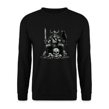 Wikinger mit Schwert und Rabe auf Schädel - Unisex Pullover - Schwarz - Vorne - Alina (178cm) & Michal (187cm)