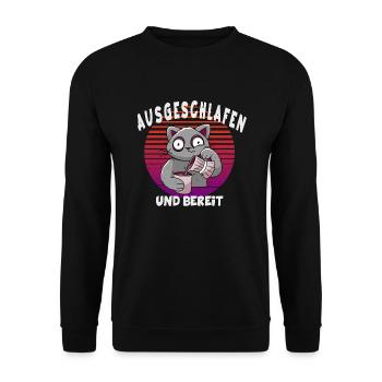 Katze Kaffee Morgenmuffel Aufstehen - Unisex Pullover - Schwarz - Vorne - Alina (178cm) & Michal (187cm)