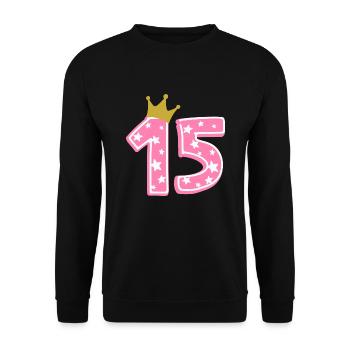 15 Krone 15. Geburtstag 15 Jahre - Unisex Pullover - Schwarz - Vorne - Alina (178cm) & Michal (187cm)