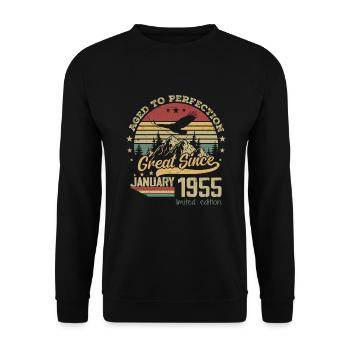 69 years old Aged to perfection born: January 1955 - Unisex Sweatshirt - black - Front - Alina (178cm) & Michal (187cm)