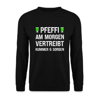 Pfeffi am Morgen Vertreibt kummer & Sorgen - Unisex Pullover - Schwarz - Vorne - Alina (178cm) & Michal (187cm)