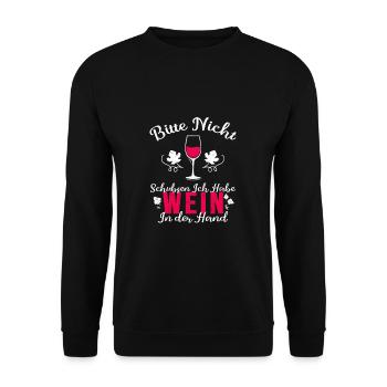 Bitte Nicht Schubsen Ich Habe Wein In Der Hand - Unisex Pullover - Schwarz - Vorne - Alina (178cm) & Michal (187cm)