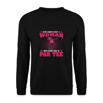 Unterschätzen Sie niemals eine Frau, die Golf - Unisex Pullover - Schwarz - Vorne - Alina (178cm) & Michal (187cm)
