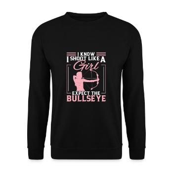 Ich weiß, ich schieße wie ein Mädchen Lustiger - Unisex Pullover - Schwarz - Vorne - Alina (178cm) & Michal (187cm)
