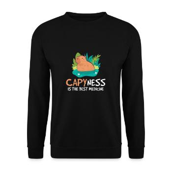 Lustiger Capybara Bade-Capy-Fan von Happiness Is - Unisex Pullover - Schwarz - Vorne - Alina (178cm) & Michal (187cm)
