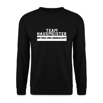 Team Hausmeister mit Herz und Leidenschaft - Unisex Pullover - Schwarz - Vorne - Alina (178cm) & Michal (187cm)
