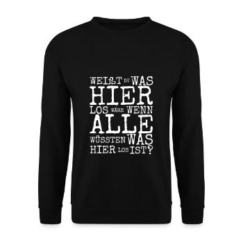 Was ist los? Party Event Politik Demo Spruch Musik - Unisex Pullover - Schwarz - Vorne - Alina (178cm) & Michal (187cm)