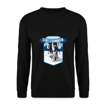 Schneeschuhwandern Wanderung Schnee Geschenk - Unisex Pullover - Schwarz - Vorne - Alina (178cm) & Michal (187cm)