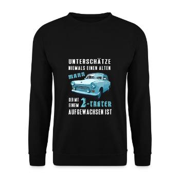 DDR  Auto Spruch - Zweitakt Trabi Geschenk - Unisex Pullover - Schwarz - Vorne - Alina (178cm) & Michal (187cm)
