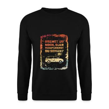 Bremst Du Noch? E-Auto Elektro Auto Spruch Retro - Unisex Pullover - Schwarz - Vorne - Alina (178cm) & Michal (187cm)