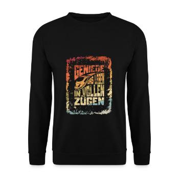 Genieße das Leben in vollen Zügen lustiger Sprüch - Unisex Pullover - Schwarz - Vorne - Alina (178cm) & Michal (187cm)