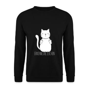 Lustiges ERKENNE DIE ZEICHEN Mittelfinger Katzen - Unisex Pullover - Schwarz - Vorne - Alina (178cm) & Michal (187cm)