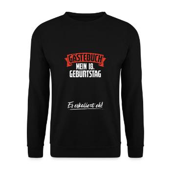 18. Geburtstag GÄSTEBUCH Geschenk - Es Eskaliert - Unisex Pullover - Schwarz - Vorne - Alina (178cm) & Michal (187cm)