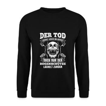 Tod lächelt jedem ins Gesicht Bogenschütze lächelt - Unisex Pullover - Schwarz - Vorne - Alina (178cm) & Michal (187cm)