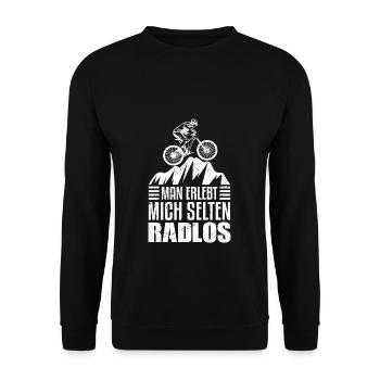 Man erlebt mich selten Radlos - MTB Moutain Biker - Unisex Pullover - Schwarz - Vorne - Alina (178cm) & Michal (187cm)