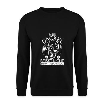 Mein Dackel beisst nicht, er hat Geschmack Dackelh - Unisex Pullover - Schwarz - Vorne - Alina (178cm) & Michal (187cm)