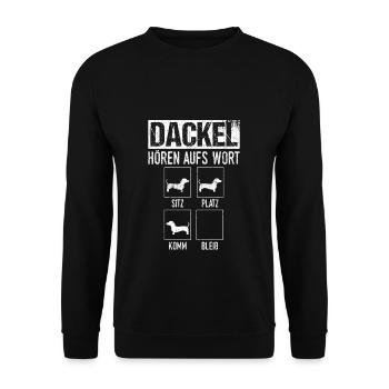 Dackel hören aufs Wort Lutsiges Dachshund & Dackel - Unisex Pullover - Schwarz - Vorne - Alina (178cm) & Michal (187cm)