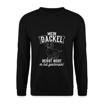 Mein Dackel beisst nicht, er hat Geschmack Dackel - Unisex Pullover - Schwarz - Vorne - Alina (178cm) & Michal (187cm)