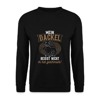 Mein Dackel beisst nicht, er hat Geschmack Dackelh - Unisex Pullover - Schwarz - Vorne - Alina (178cm) & Michal (187cm)