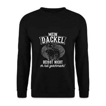 Mein Dackel beisst nicht, er hat Geschmack Dackelh - Unisex Pullover - Schwarz - Vorne - Alina (178cm) & Michal (187cm)