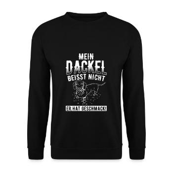 Mein Dackel beisst nicht, er hat Geschmack Dackel - Unisex Pullover - Schwarz - Vorne - Alina (178cm) & Michal (187cm)