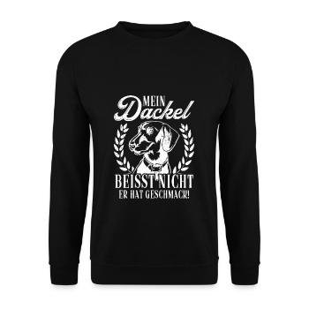 Mein Dackel beisst nicht, er hat Geschmack Dackel - Unisex Pullover - Schwarz - Vorne - Alina (178cm) & Michal (187cm)