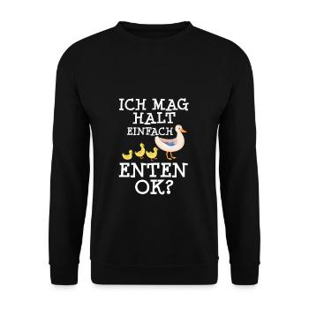 Ich mag halt einfach Enten, OK? - Unisex Pullover - Schwarz - Vorne - Alina (178cm) & Michal (187cm)