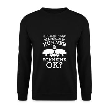 Geschenk - Ich mag halt einfach Hühner & Schweine - Unisex Pullover - Schwarz - Vorne - Alina (178cm) & Michal (187cm)
