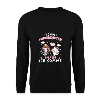 Einschulung Schulanfang 1. Klasse Mädchen Geschenk - Unisex Pullover - Schwarz - Vorne - Alina (178cm) & Michal (187cm)