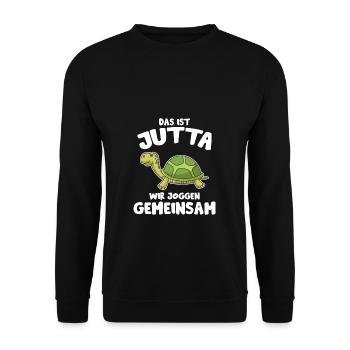 Schildkröte Jutta Wir Joggen Spruch Sportmuffel - Unisex Pullover - Schwarz - Vorne - Alina (178cm) & Michal (187cm)
