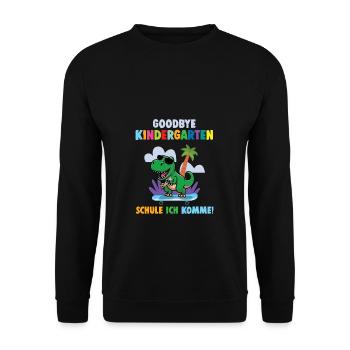 Einschulung Dino Schule Ich komme Schulkind - Unisex Pullover - Schwarz - Vorne - Alina (178cm) & Michal (187cm)