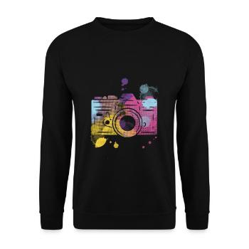 Fotograf Geschenk | Fotografie Kamera Motiv - Unisex Pullover - Schwarz - Vorne - Alina (178cm) & Michal (187cm)