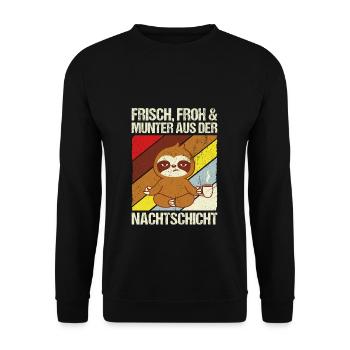 Frisch froh und munter aus der Nachtschicht! Pfleg - Unisex Pullover - Schwarz - Vorne - Alina (178cm) & Michal (187cm)