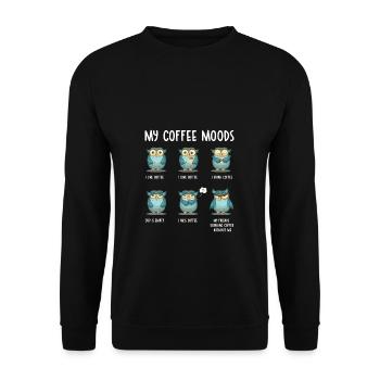 Meine Kaffee Stimmungen Morgenmuffel Geschenk Eule - Unisex Pullover - Schwarz - Vorne - Alina (178cm) & Michal (187cm)