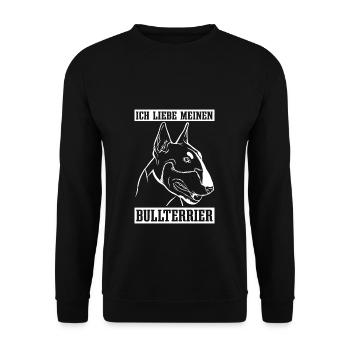 Bullterrier Hund Hundebesitzer Ich liebe meinen Bu - Unisex Pullover - Schwarz - Vorne - Alina (178cm) & Michal (187cm)