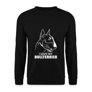 Bullterrier Hund Hundebesitzer Ich liebe meinen Bu - Unisex Pullover - Schwarz - Vorne - Alina (178cm) & Michal (187cm)