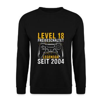 LEVEL 18 Freigeschaltet Legedär Seit 2004 - Geburt - Unisex Pullover - Schwarz - Vorne - Alina (178cm) & Michal (187cm)