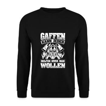 Feuerwehr Feuerwehrmann Gaffer Spruch Freiwillige - Unisex Pullover - Schwarz - Vorne - Alina (178cm) & Michal (187cm)