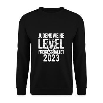 Jugendweihe Level Freigeschaltet 2023 Gamer Zocker - Unisex Pullover - Schwarz - Vorne - Alina (178cm) & Michal (187cm)