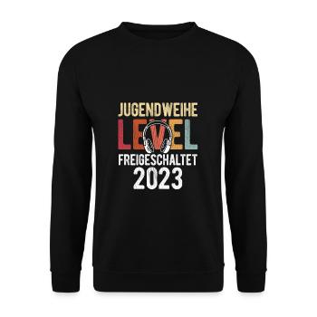 Jugendweihe Level Freigeschaltet 2023 - Gaming Gam - Unisex Pullover - Schwarz - Vorne - Alina (178cm) & Michal (187cm)