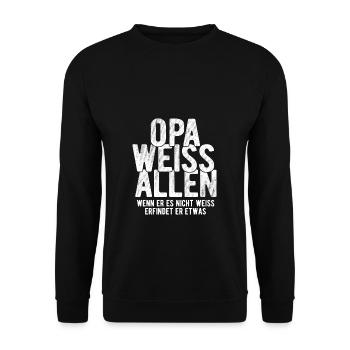 Opa weiss alles - Wenn er es nicht weiss erfindet - Unisex Pullover - Schwarz - Vorne - Alina (178cm) & Michal (187cm)