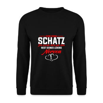 Leben Schatz Hochzeitstag Jahrestag Pärchen Spruch - Unisex Pullover - Schwarz - Vorne - Alina (178cm) & Michal (187cm)