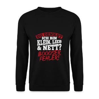 Du denkst ich bin klein lieb & nett Böser Fehler! - Unisex Pullover - Schwarz - Vorne - Alina (178cm) & Michal (187cm)