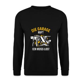 Die Garage ruft Ich muss los - Auto KFZ Liebhaber - Unisex Pullover - Schwarz - Vorne - Alina (178cm) & Michal (187cm)