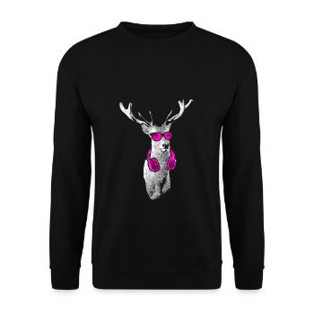 Hirsch Tierliebe Kopfhörer Naturliebhaber Hirschli - Unisex Pullover - Schwarz - Vorne - Alina (178cm) & Michal (187cm)