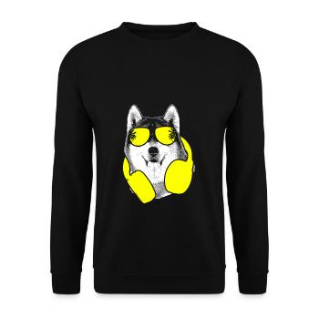 Husky Hundeliebe Hundefans Kopfhörer Hund Huskyfan - Unisex Pullover - Schwarz - Vorne - Alina (178cm) & Michal (187cm)