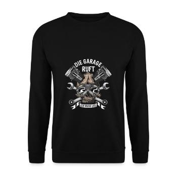 Die Garage Ruft Ich Muss Los Auto Tuner Spruch Mec - Unisex Pullover - Schwarz - Vorne - Alina (178cm) & Michal (187cm)